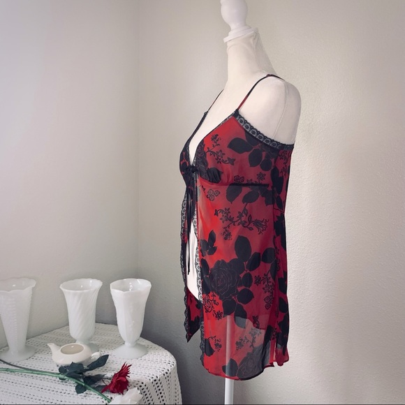 Y2K Open Front VS Black Roses Babydoll Lingerie, Sz S (36) - Picture 2 of 10